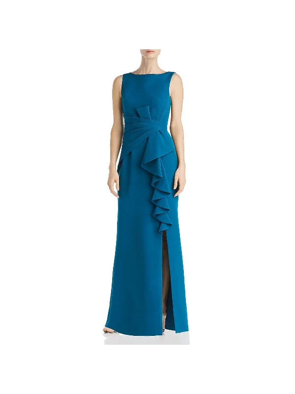 Womens Cascade Ruffle Sleeveless Evening Dress