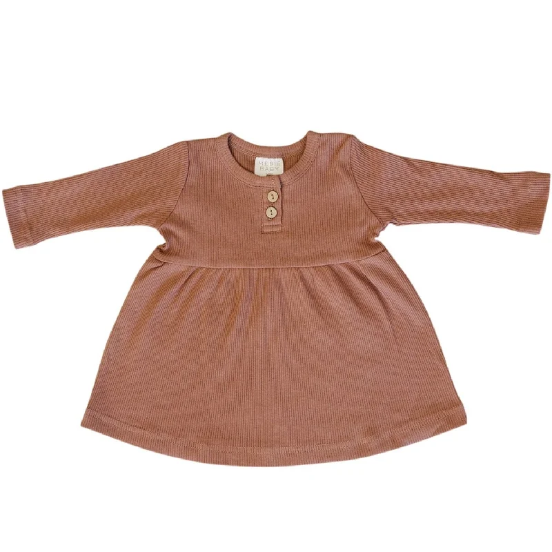 Dusty Rose Long Sleeve Button Ribbed Organic Dress