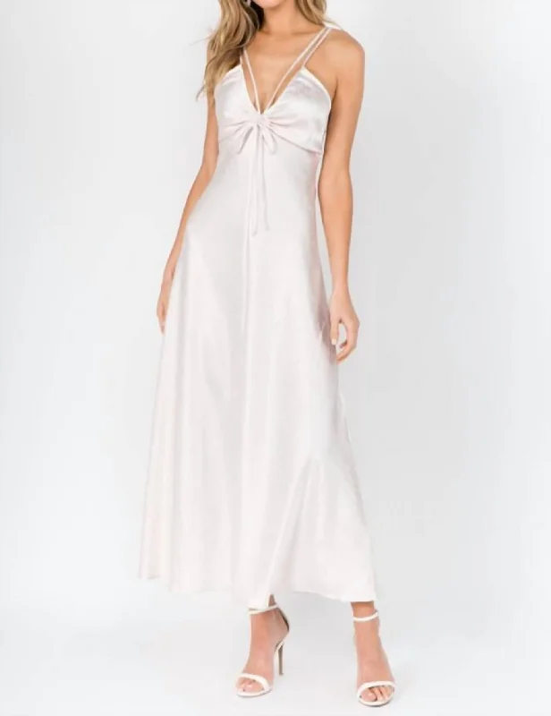 Shiny Satin V Neck Simple Maxi Dress in Blush