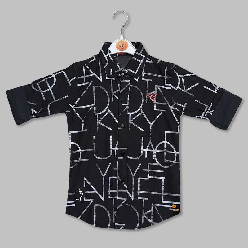 Black Calligraphic Print Shirt for Boys