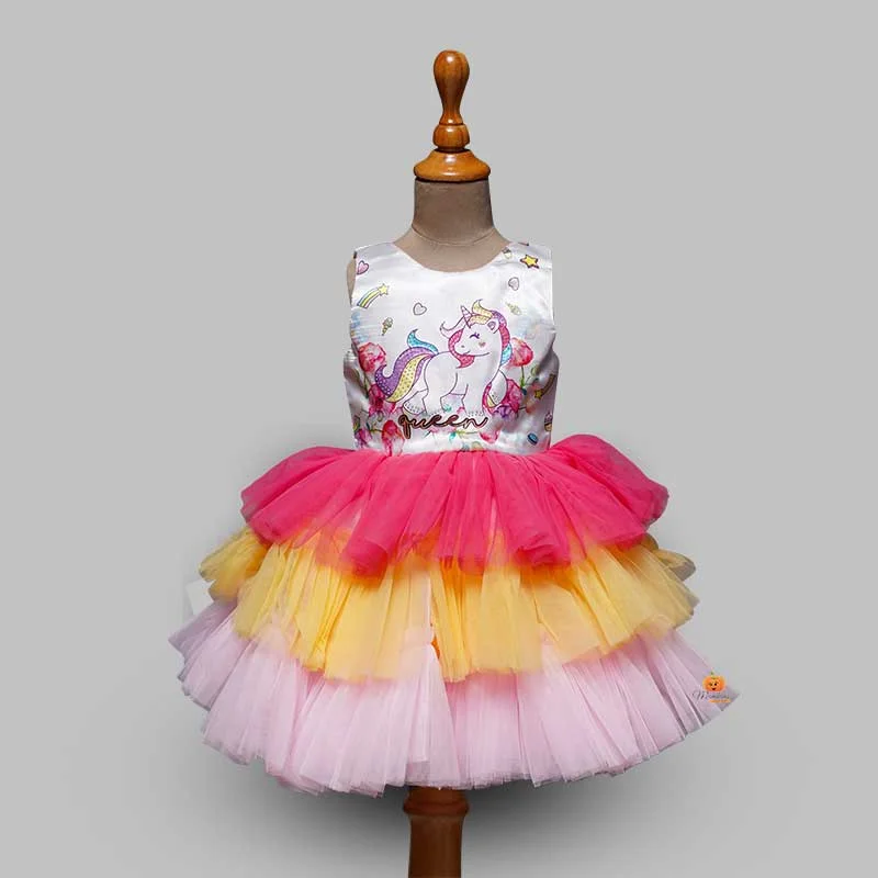 Unicorn Girls Frock With Layered Pattern