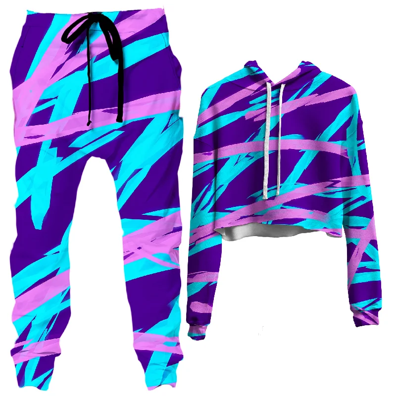 Purple and Blue Rave Abstract Crop Hoodie and Joggers Combo