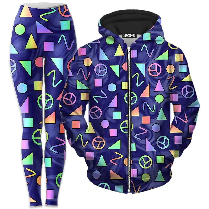 Retro Shapes Peace Symbols Blue Zip-Up Hoodie and Leggings Combo