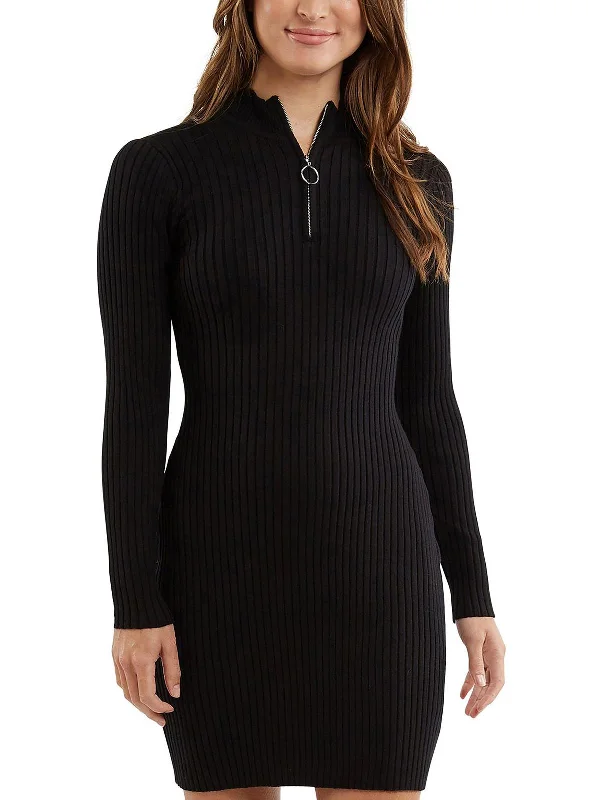 Womens Zip Neck Ribbed Sweaterdress