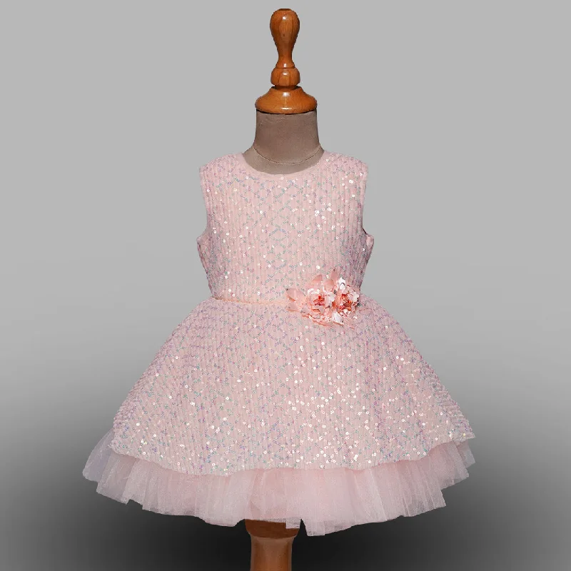 Pink and Blue Girls Frock with Floral Corsage