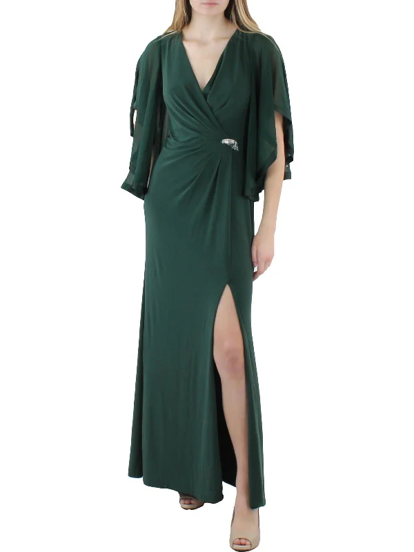 Womens Flutter Sleeves V-Neck Evening Dress