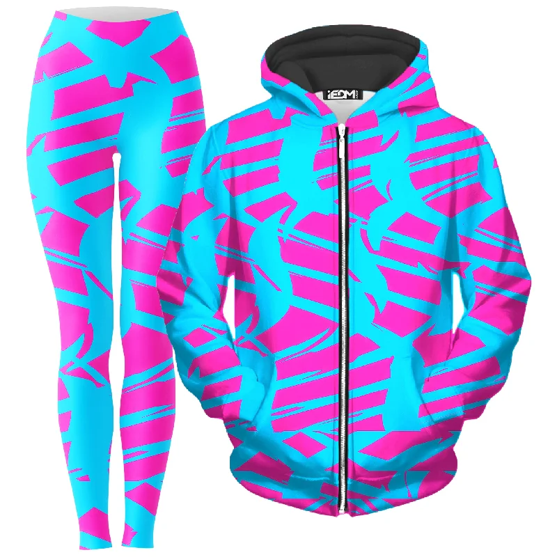 Pink and Blue Squiggly Rave Checkered Zip-Up Hoodie and Leggings Combo