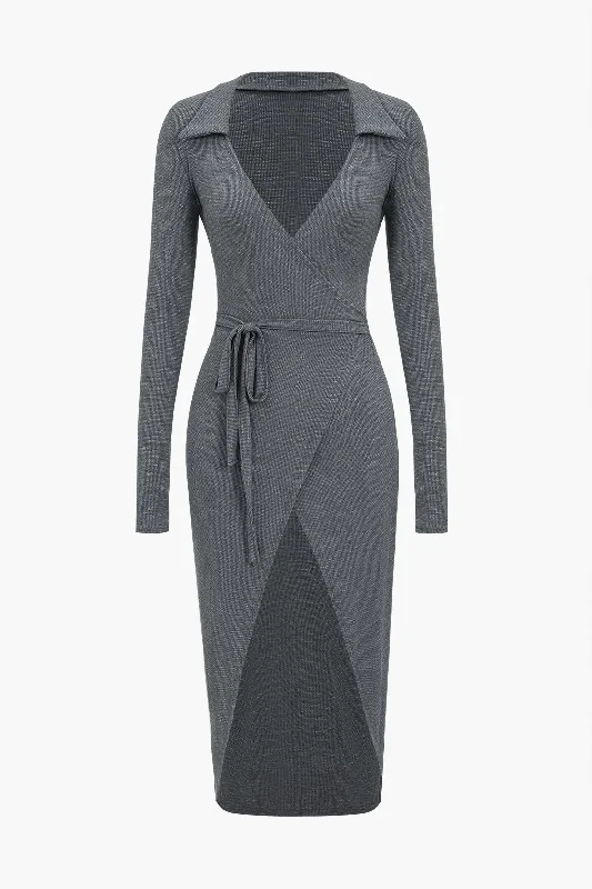 Solid Tie Front Long Sleeve Midi Dress