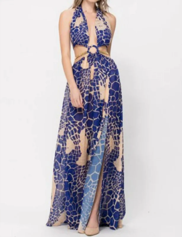 Cut Out Patterned Maxi Dress in Royal Blue Patterned