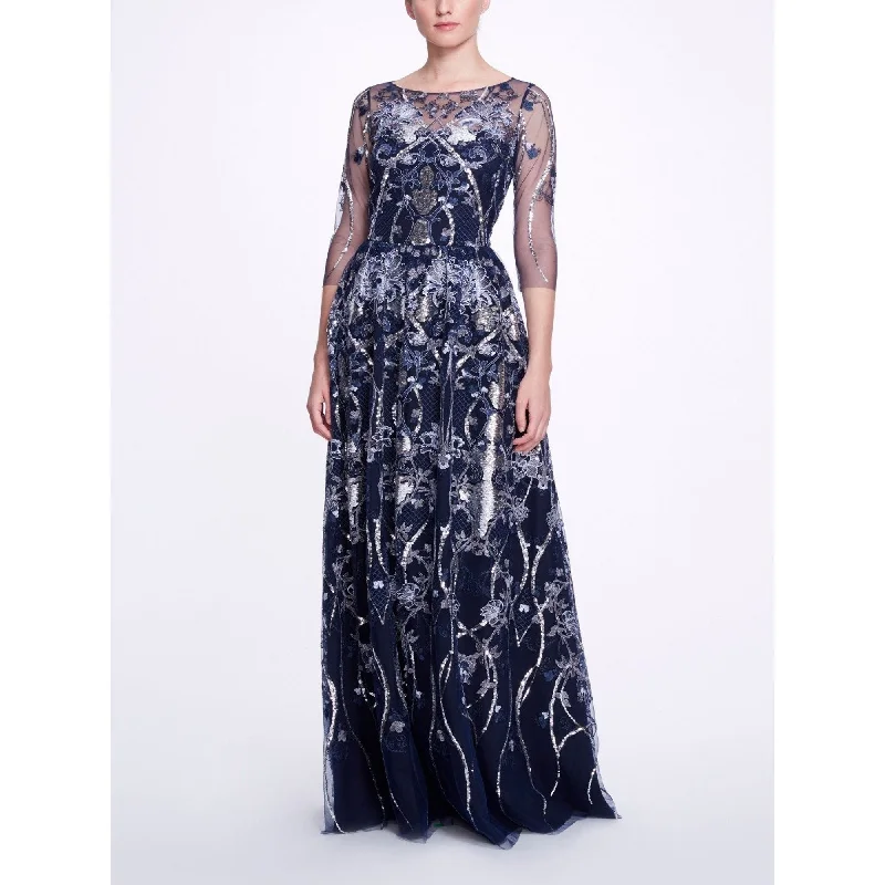 ¾ Sleeve Boat Neck Sequin Gown