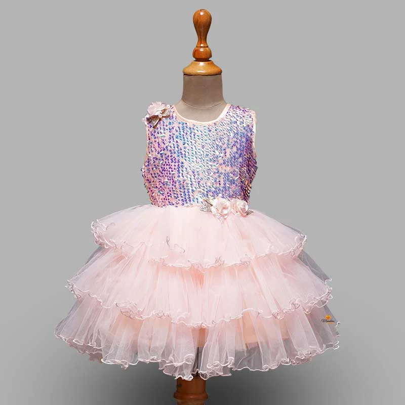 Peach Layered Girls Frock with Sequin Work