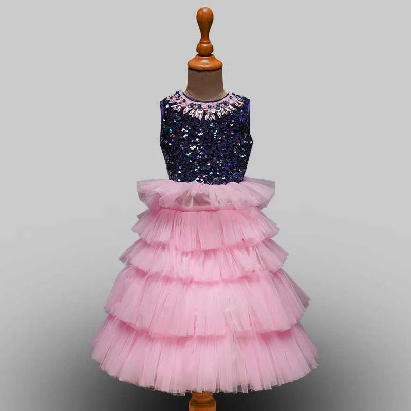 Pink Sequin Layered Gown for Girls