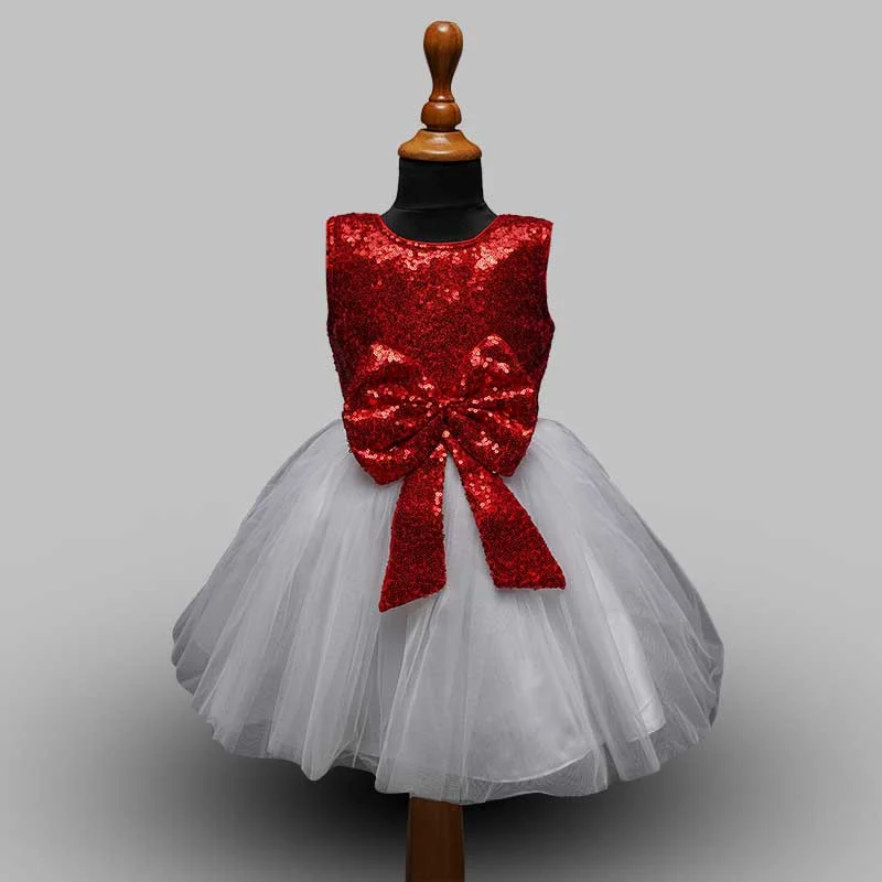 Red Party Wear Frock for Kid Girls with Sequin Bow