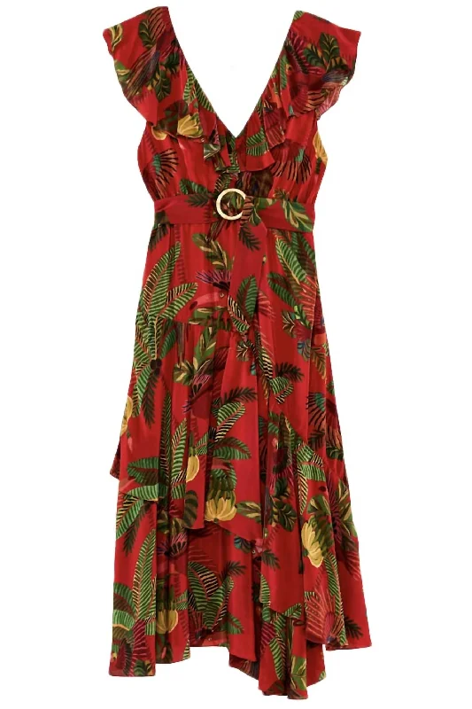 Farm Rio RED FOREST BIRDS Midi Dress in Red Multi