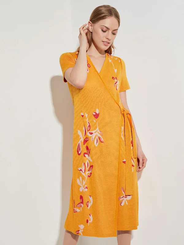 Floral Embroidery Wrap Knit Dress