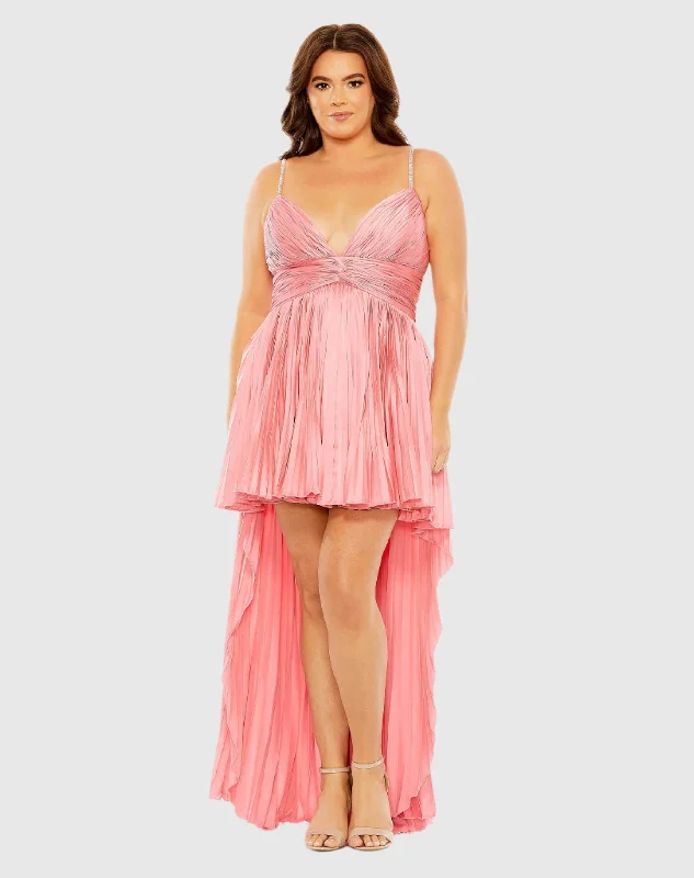 Pink Rhinestone High Low Pleated Gown