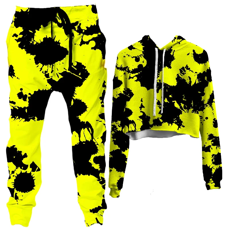 Yellow and Black Paint Splatter Crop Hoodie and Joggers Combo