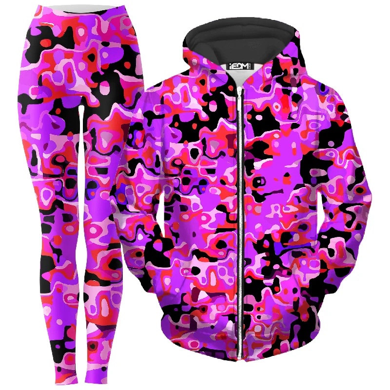 Purple Red and Black Rave Camo Melt Zip-Up Hoodie and Leggings Combo