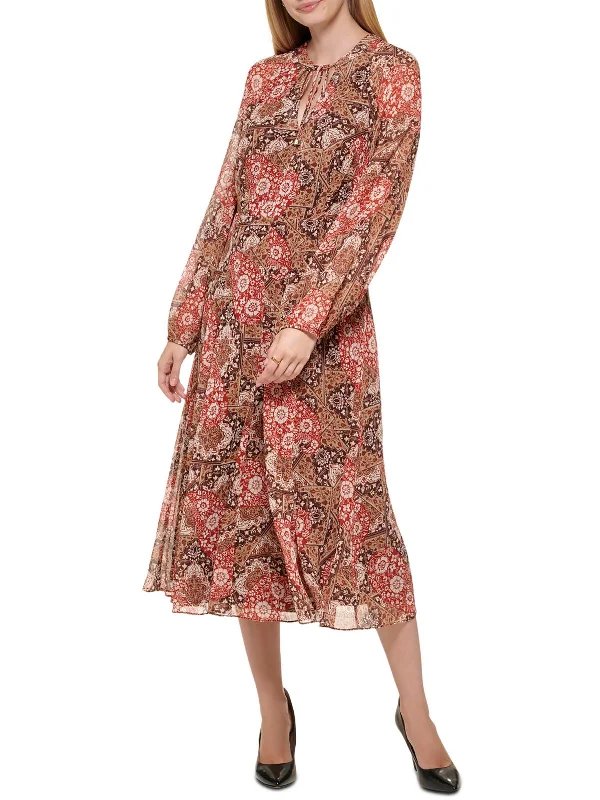 Tapestry Womens Tie Neck Printed Midi Dress