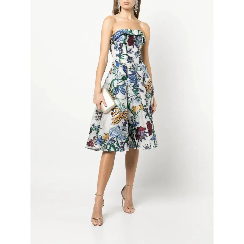 Strapless Floral Tea Length Gown