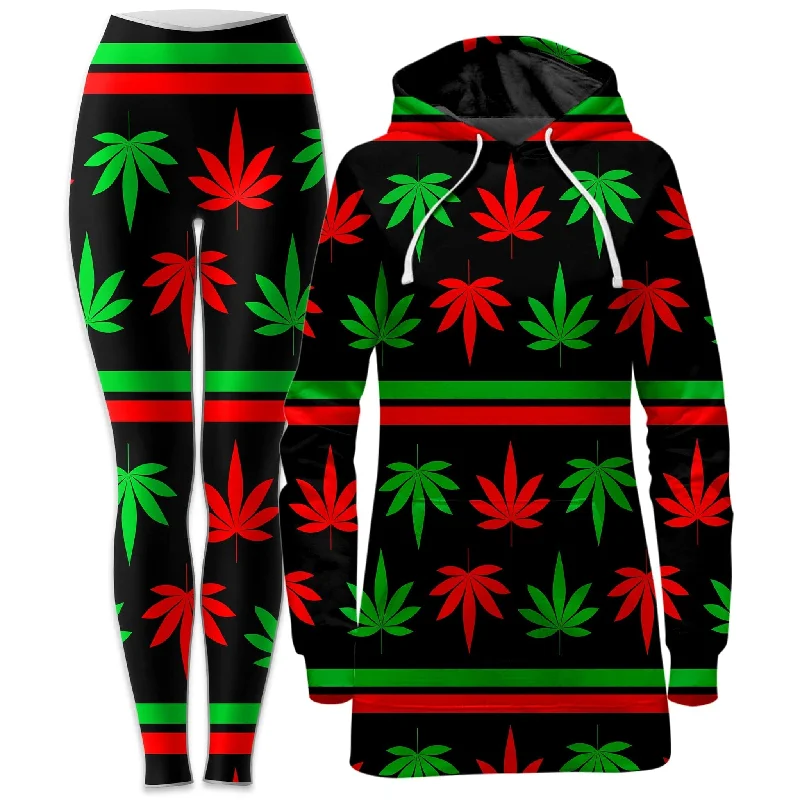 Red And Green Festive Bud Hoodie Dress and Leggings Combo