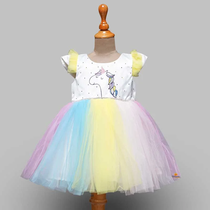 White and Unicorn Baby Frock with Frills