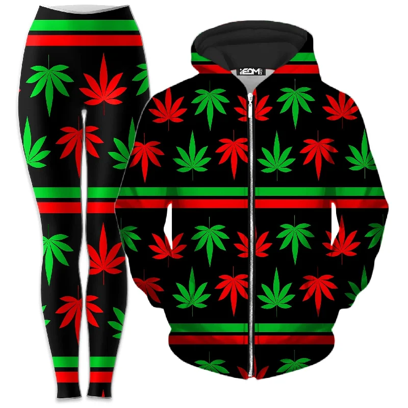 Red And Green Festive Bud Zip-Up Hoodie and Leggings Combo