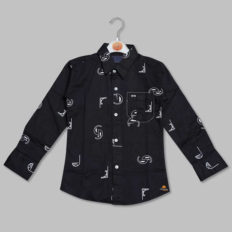 Black Calligraphic Print Shirt For Boys