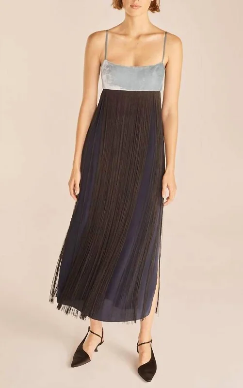 Fringe Slip Dress In Stormy Blue