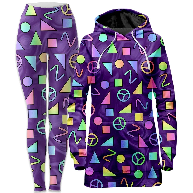 Retro Shapes Peace Symbols Purple Hoodie Dress and Leggings Combo