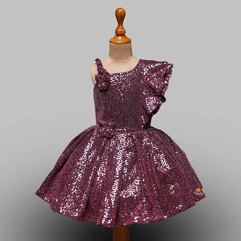 Sequin and One sided Frill Sleeves Girls Frock