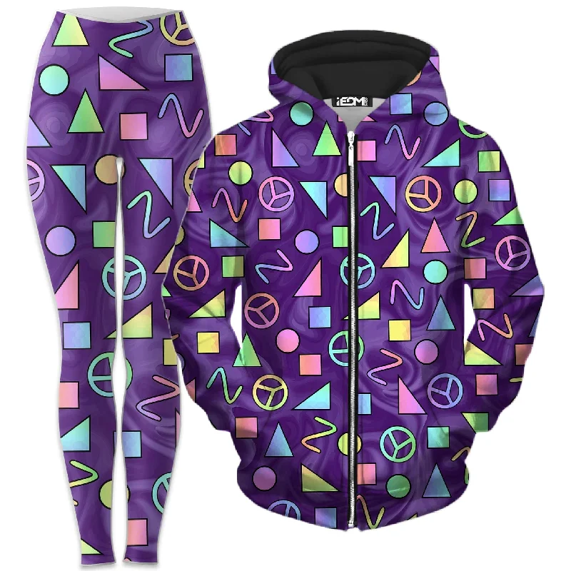 Retro Shapes Peace Symbols Purple Zip-Up Hoodie and Leggings Combo