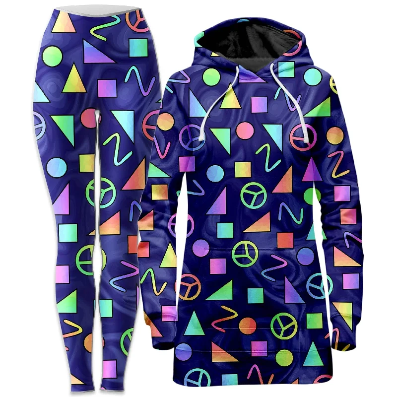 Retro Shapes Peace Symbols Blue Hoodie Dress and Leggings Combo