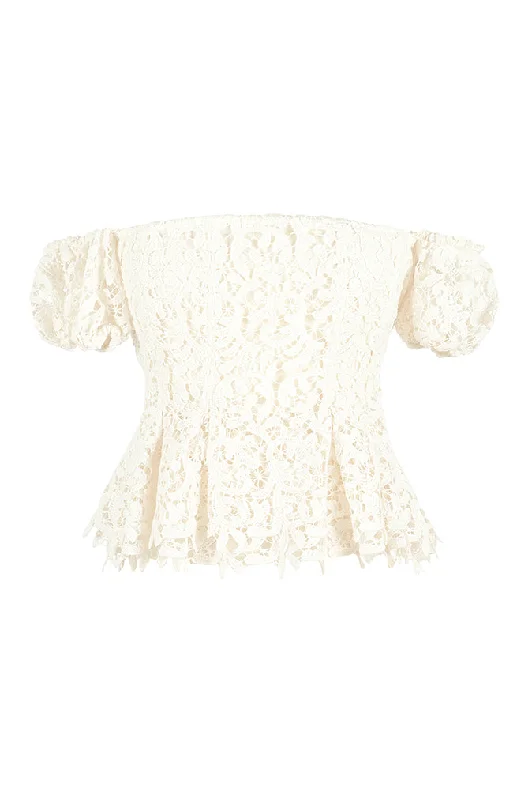 Emilie Off-The-Shoulder Top in Guipure Ivory Lace