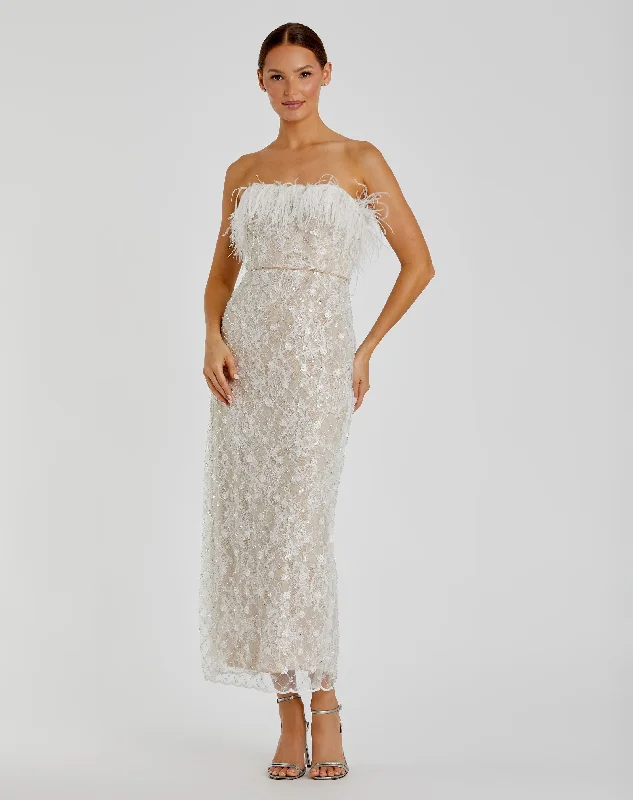 White Embellished Feather Strapless Column Dress