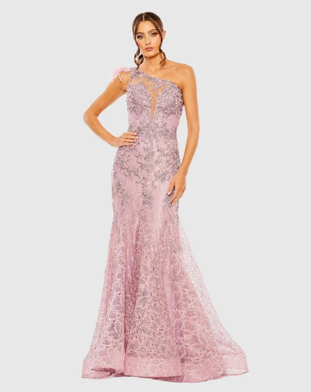 Pink Embroidered Applique Feathered One Shoulder Trumpet Gown