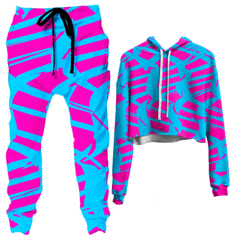 Pink and Blue Squiggly Rave Checkered Crop Hoodie and Joggers Combo