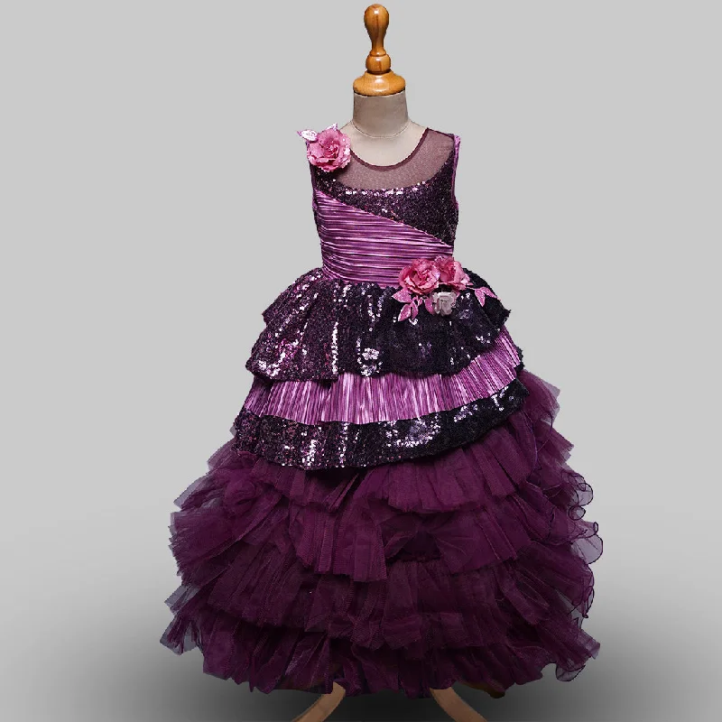 Wine Layered Party Gown for Girls