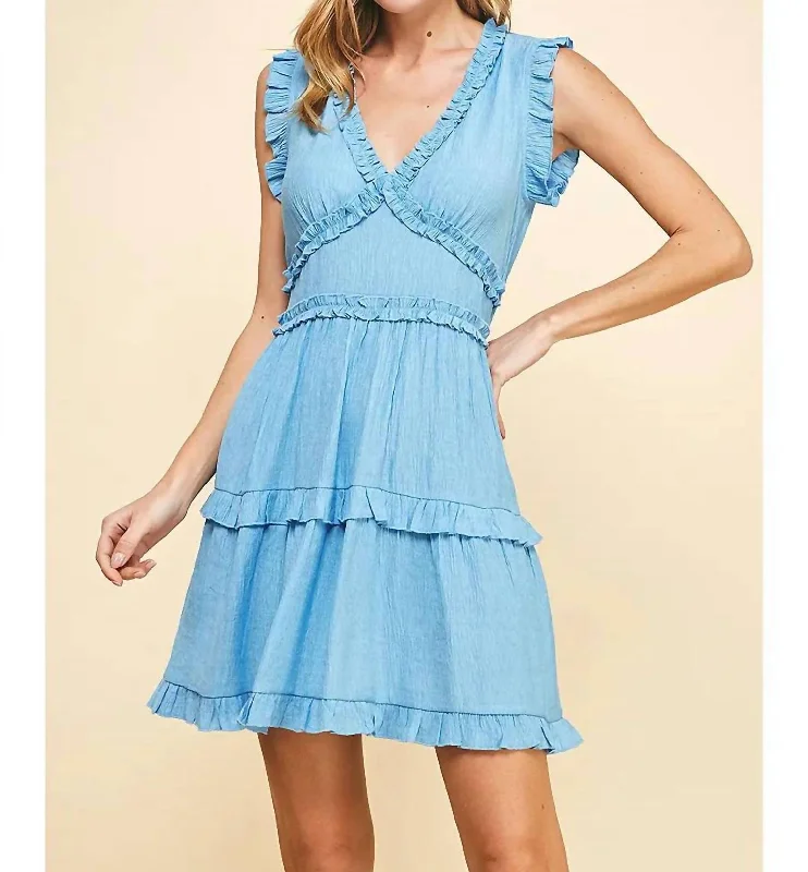 V-Neck Ruffle Dress In Urban Blue