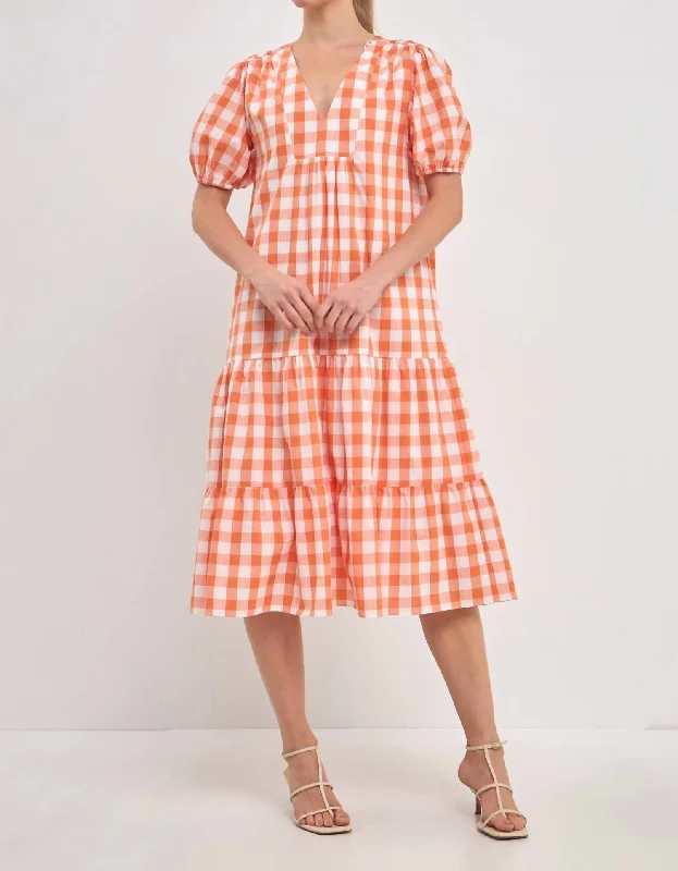 Gingham Midi Dress In Orange