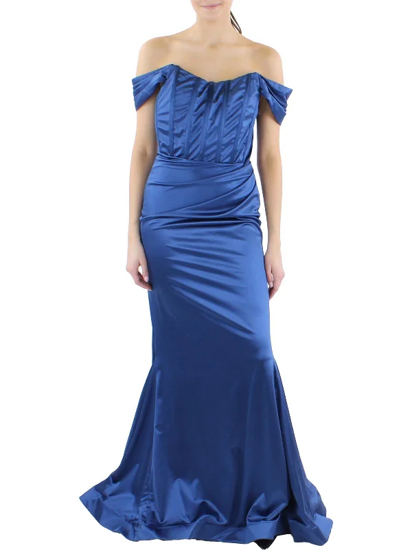 Juniors Womens Satin Off-The-Shoulder Evening Dress